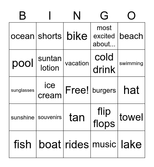 Vacation Bingo Card