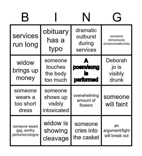 Funeral Bingo Card