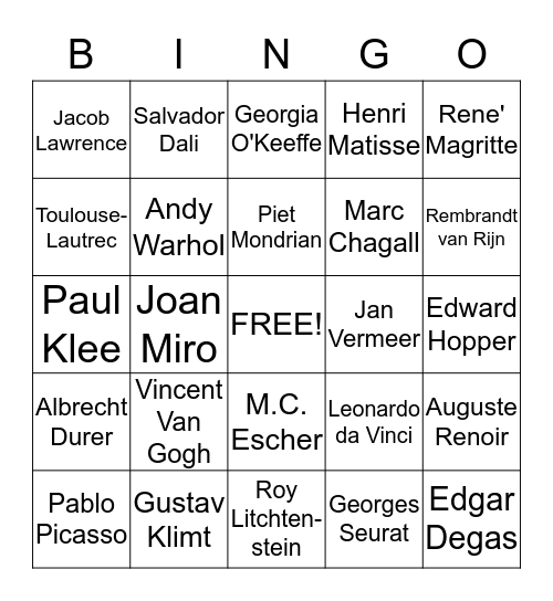 Artist Bingo Card