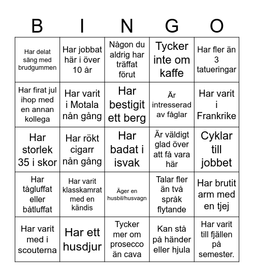 Mingla runt och hitta en person som passar för varje påstående. När du har kryssat 5 påståenden i rad ropar du BINGO! Om du frågar samma person om flera påståenden är det FUSK! Bingo Card
