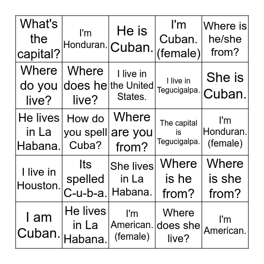 ¿Cómo  se dice en español? Bingo Card