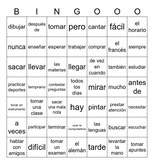 los verbos de la escuela en AR Bingo Card
