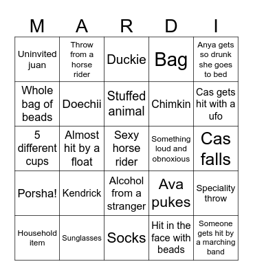 Avas mardi card Bingo Card