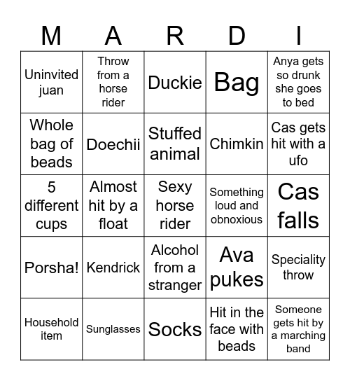 Avas mardi card Bingo Card