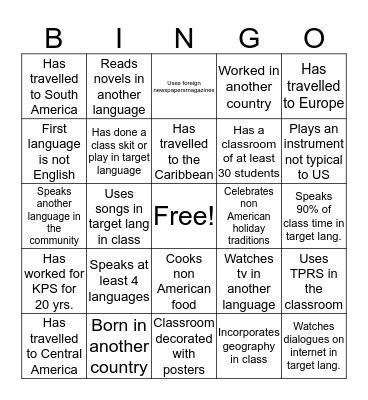 World Language Bingo Card