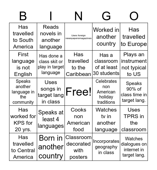 World Language Bingo Card