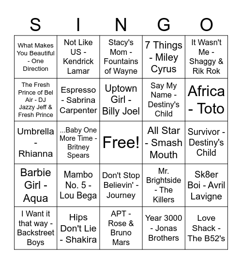 Singo Bingo Card