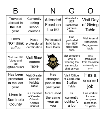 National Networking Knight Scavenger Hunt Bingo Card