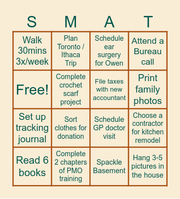 Rachel March-May Goals Bingo Card