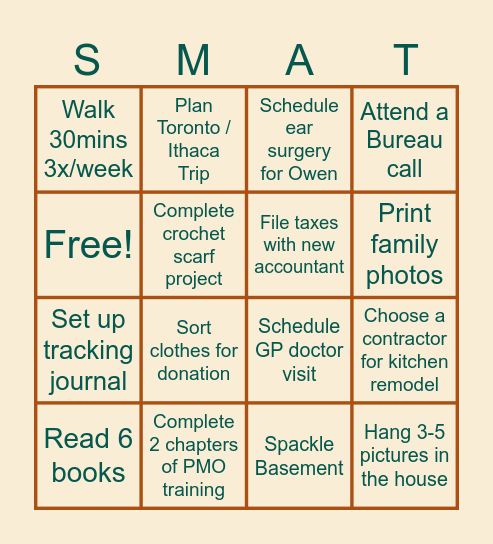 Rachel March-May Goals Bingo Card