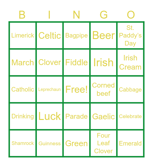 St. Patrick's Day Bingo Card