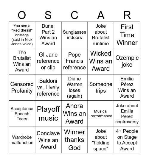 2025 Oscars Bingo Card