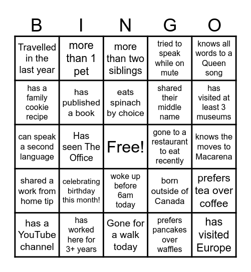 Online Team Building Bingo Card