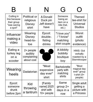 Jeff's Disney Birthday Bingo Card