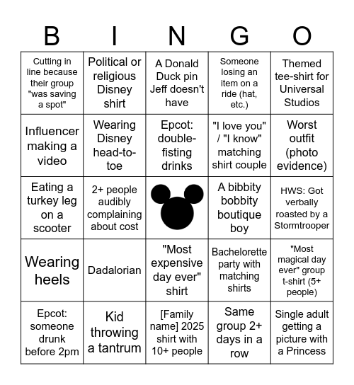 Jeff's Disney Birthday Bingo Card