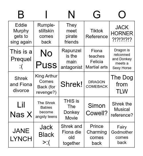 Shrek 5 Bingo Card