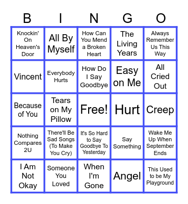 MUSIC BINGO at the Ann Arbor Eagles!  There'll be sad songs... to make you cry! Bingo Card