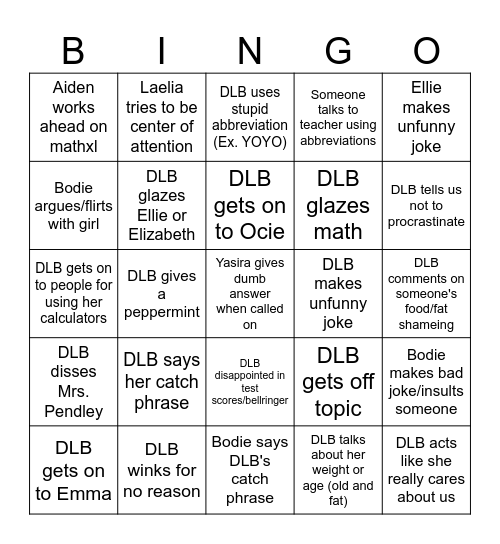 Third Period DLB Bingo Card
