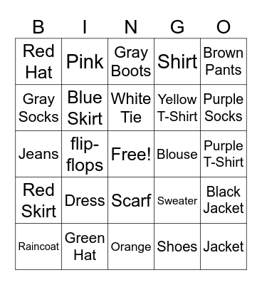 Clothes and Colors Bingo Card
