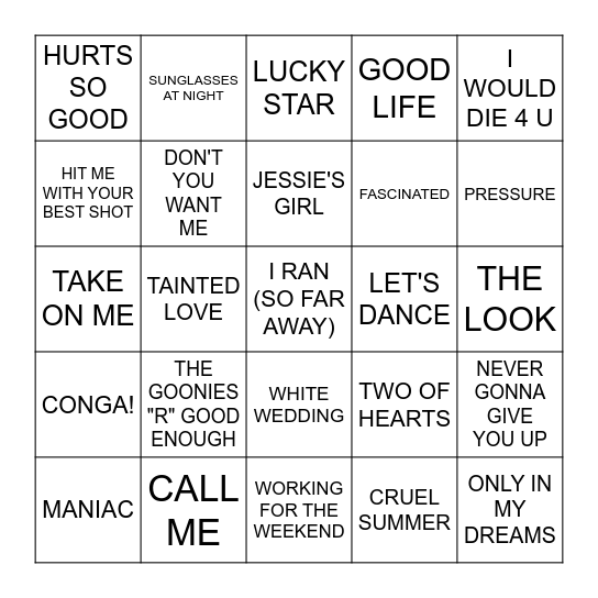 HITS OF THE 1980'S Bingo Card