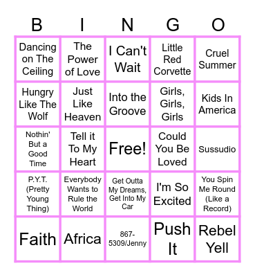 MUSIC BINGO at the Ann Arbor Eagles!  80s Summer - Let's summon the sun! Bingo Card