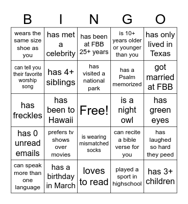 Get to know you BINGO! Find someone who... Bingo Card