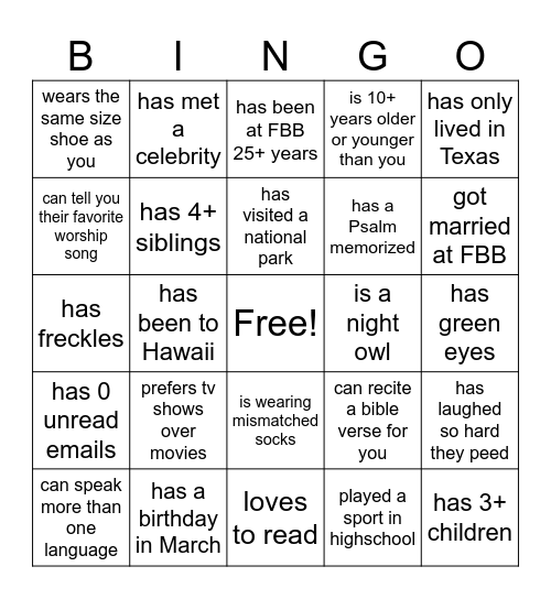 Get to know you BINGO! Find someone who... Bingo Card