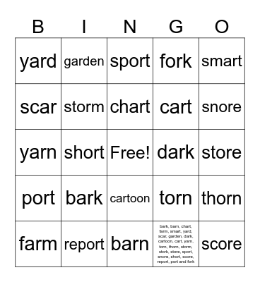 R-Controlled Vowel Bingo Card