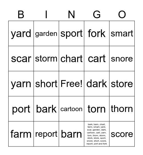 R-Controlled Vowel Bingo Card