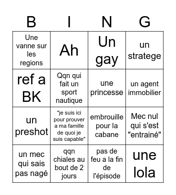 Koh Lanta Episode 1 Bingo Card