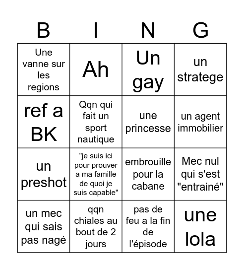 Koh Lanta Episode 1 Bingo Card