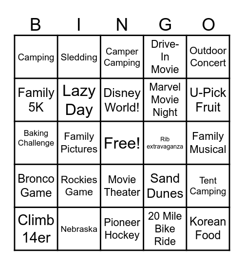 2025 Sarchet Family Bingo Card