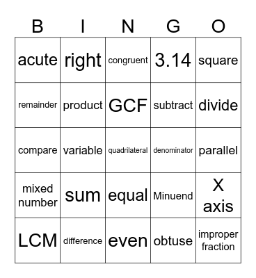 MATH BINGO GRADES 3, 4, 5 Bingo Card