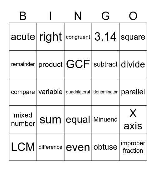MATH BINGO GRADES 3, 4, 5 Bingo Card