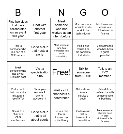 FYC Clubs Day Bingo: Bingo Card
