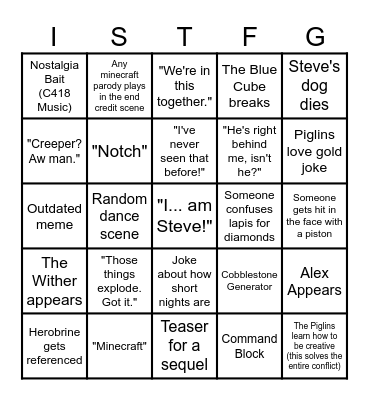 Minecraft Movie Bingo Card
