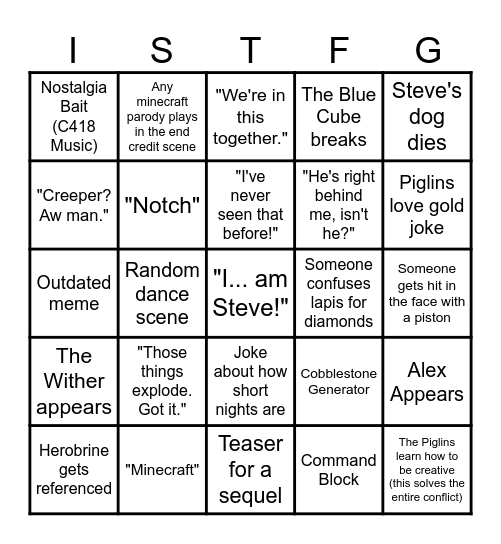 Minecraft Movie Bingo Card