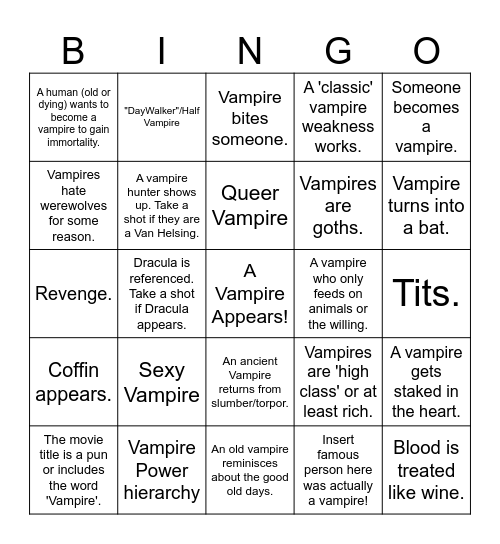 Vampire Movie Bingo Card