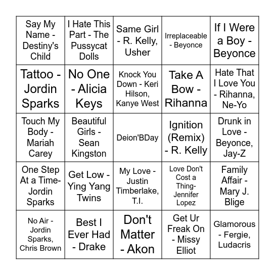 2000's R&B Bingo Card
