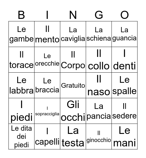 Parti Del Corpo Bingo Card