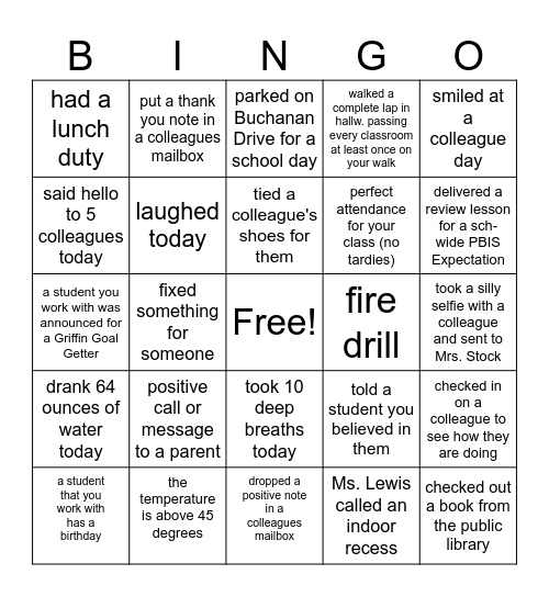 Grant Wood Staff Bingo Spring 2025 Bingo Card