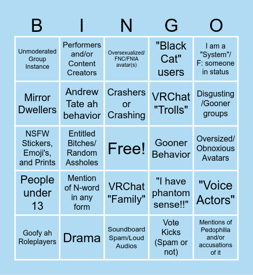 VRChat Lobby Bingo!! Bingo Card