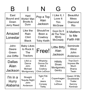 90's Country Bingo Card