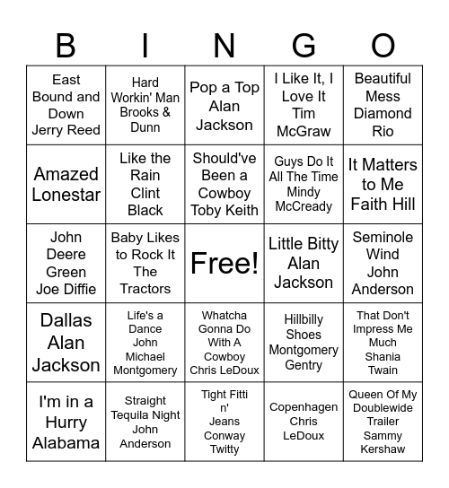 90's Country Bingo Card