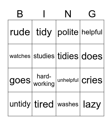 Adjectives and action Bingo Card