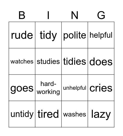 Adjectives and action Bingo Card