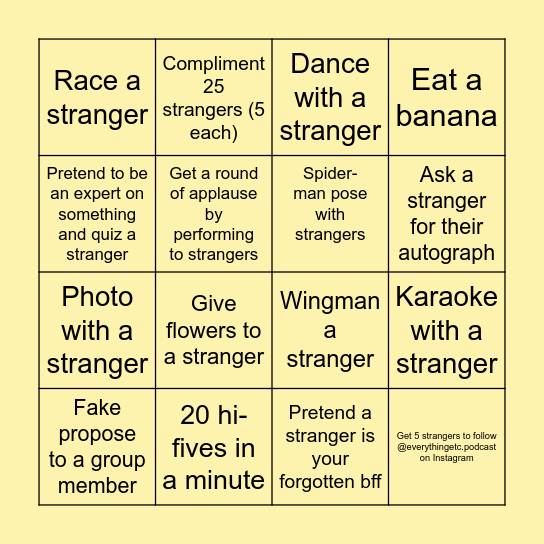 The Amazing Race Bingo Card