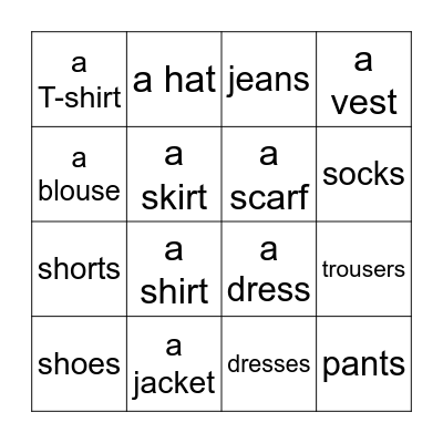 Clothes Bingo Card
