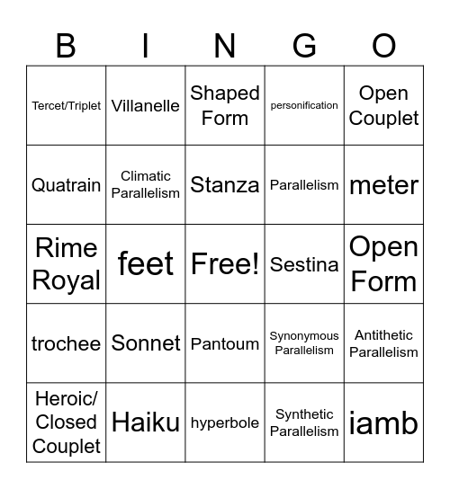 Poetry Terms Bingo Card