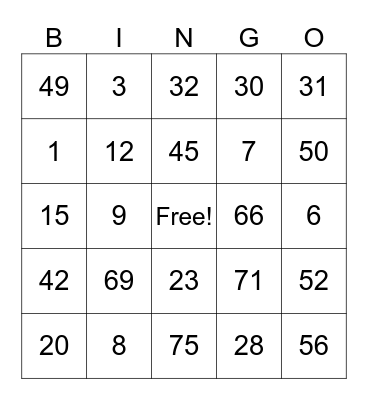 Number Bingo 1-75 Bingo Card